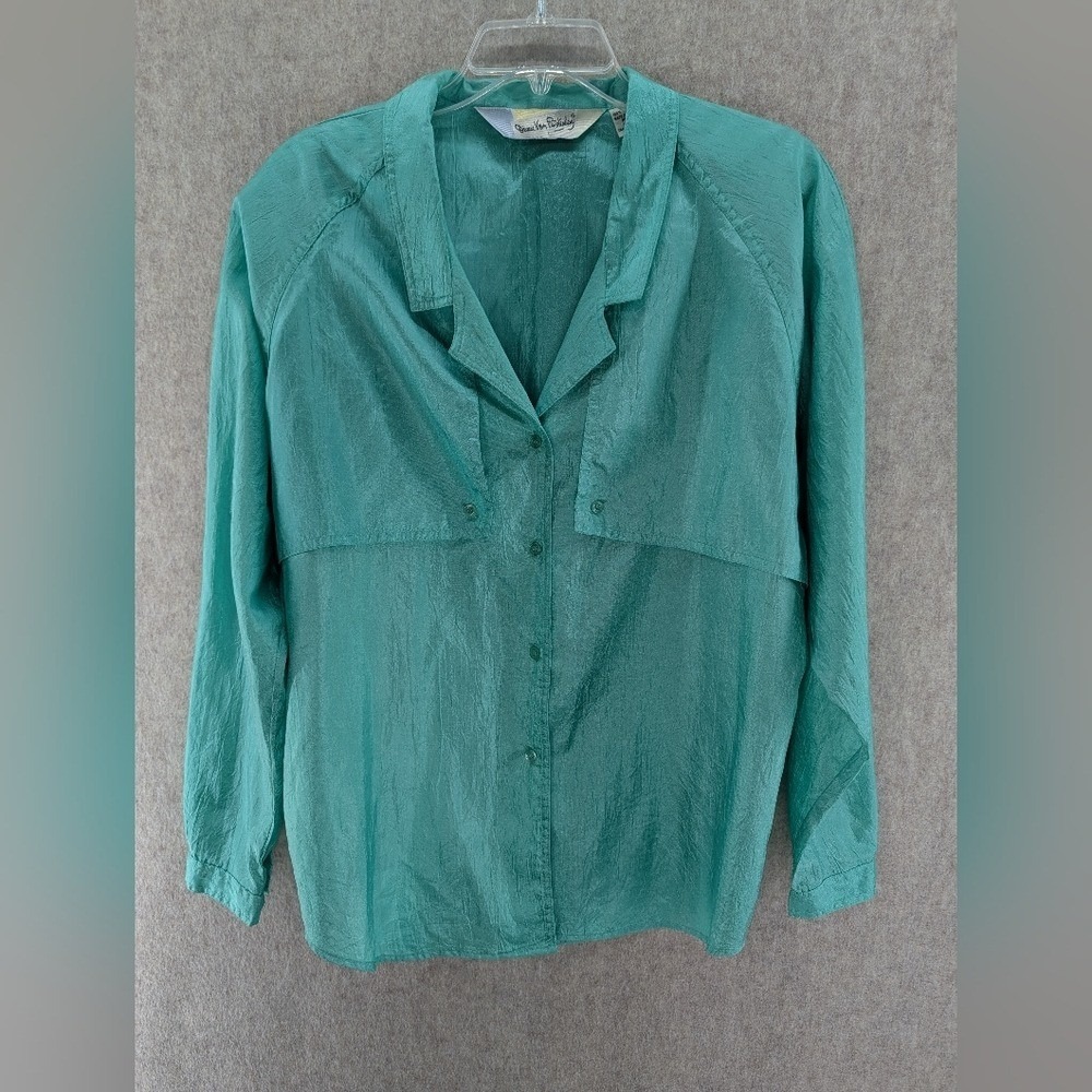 Vintage Diane von Furstenberg Crinkle Blouse 80s Emerald Green Safari Size 16